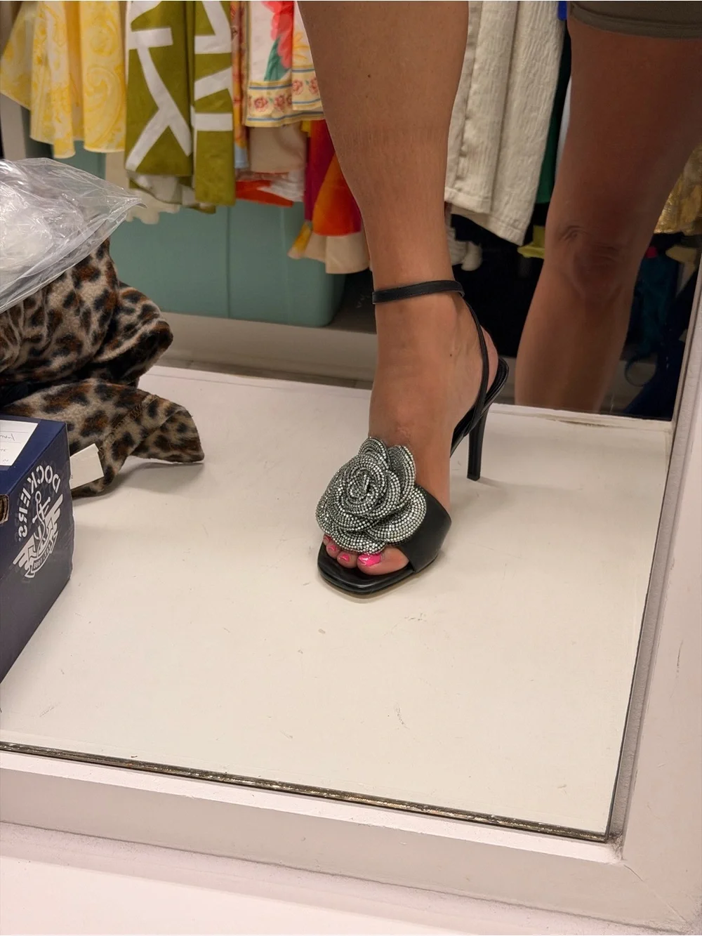 MICHAEL Michael Kors Black Heeled Sandals with Crystal Rosette